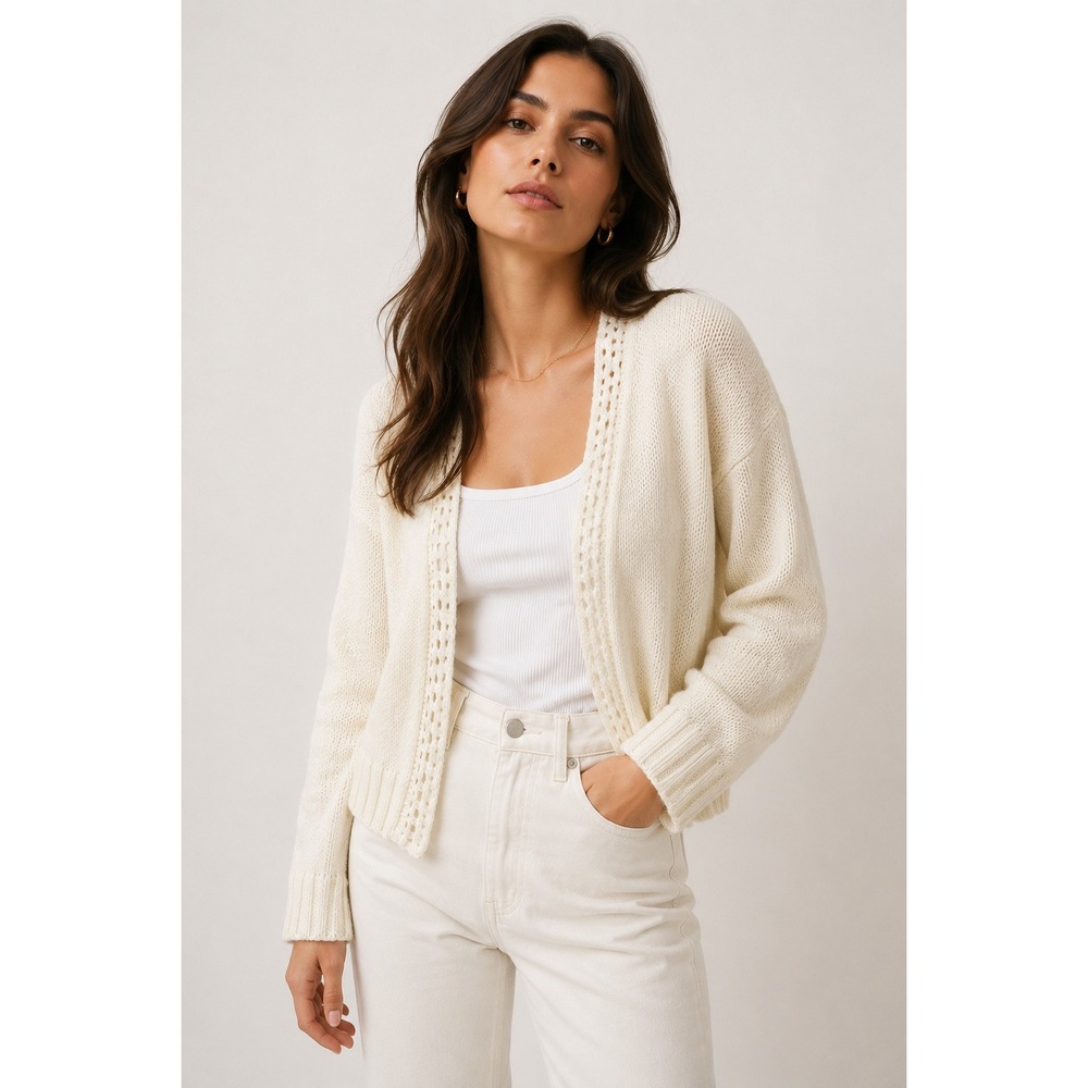 Marled Cropped‎ Ivory Cardigan Crochet Trim Open Front Knit Sweater / Size XS